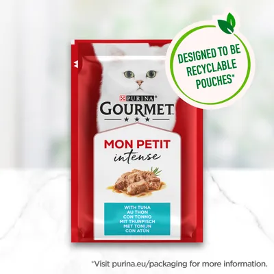 Gourmet Mon Petit Intense with tuna, designed to be recyclable pouches. For more information, visit purina.eu/packaging.