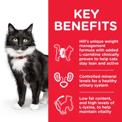 KEY BENEFITS: Hill’s unique weight management formula with added L-carnitine clinically proven to help cats stay lean and active. Controlled mineral levels for a healthy urinary system. Low fat content, and high levels of L-lysine, to help maintain vitality. Az összes szöveg angolul van.