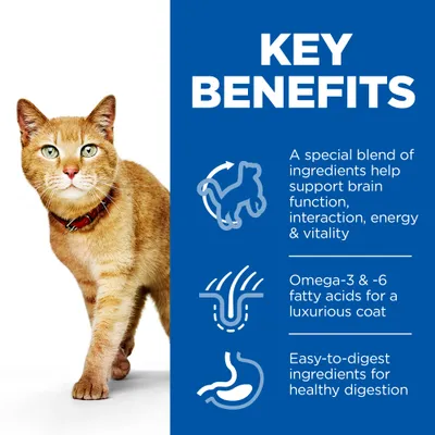 Belangrijkste voordelen: speciale mix ondersteunt hersenfunctie, interactie, energie en vitaliteit; omega-3 & -6 vetzuren voor vacht; licht verteerbare ingrediënten voor gezonde spijsvertering.