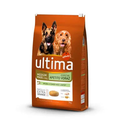 Saco de pienso para perros Affinity Ultima Medium Maxi +10 kg, especial apetito voraz, ayuda a comer más lento, partícula extra grande, 7 kg. Imagen de dos perros en el envase.