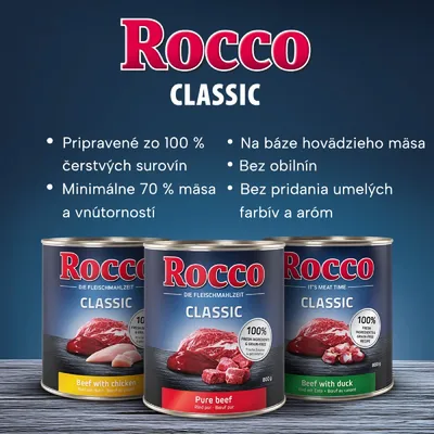 Rocco Classic konzervy. Pripravené zo 100 % čerstvých surovín, minimálne 70 % mäsa a vnútorností, na báze hovädzieho mäsa, bez obilnín, bez pridaných umelých farbív a aróm.