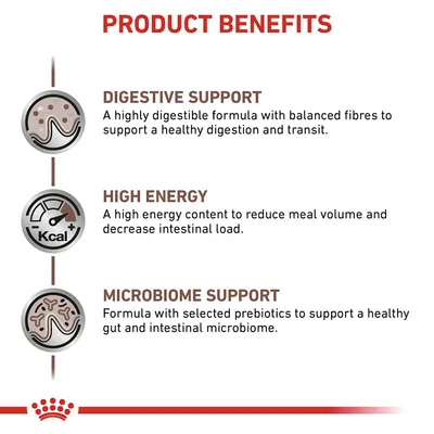 Product benefits: Digestive support with balanced fibres, high energy content to reduce meal volume and intestinal load, and microbiome support with selected prebiotics.