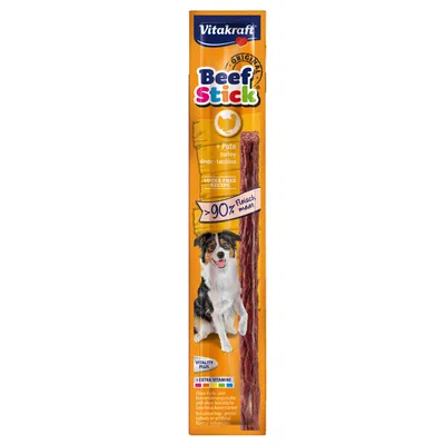 Vitakraft Beef Stick Original, pureća aroma, više od 90 % mesa, bez šećera, dodatne vitamine, slika psa na pakiranju. Vidljiv štapić unutar ambalaže.