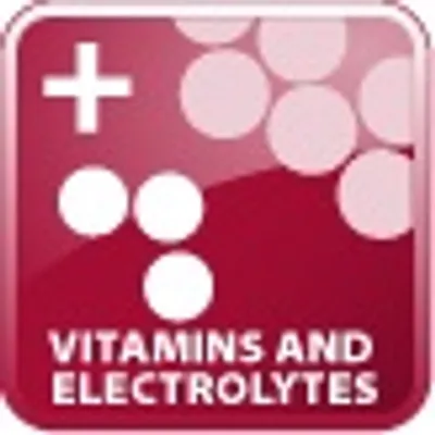 VITAMINS AND ELECTROLYTES (κείμενο στα αγγλικά) με σύμβολα συν και κύκλους σε κόκκινο φόντο