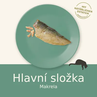 Hlavní složka: makrela, obrázek makrely na talíři. Text: MIT NATÜRLICHEN ZUTATEN HERGESTELLT.