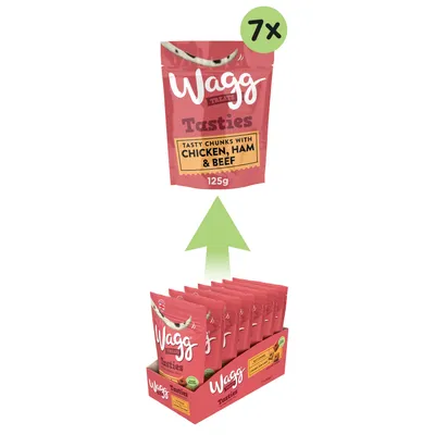 Pack of 7 Wagg Tasties 125g pouches, labelled as tasty chunks with chicken, ham and beef. Image shows individual pouch and multipack box.