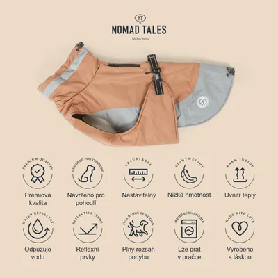 Psí obleček Nomad Tales München, viditelné texty: Prémiová kvalita, Navrženo pro pohodlí, Nastavitelný, Nízká hmotnost, Uvnitř teplý, Odpuzuje vodu, Reflexní prvky, Plný rozsah pohybu, Lze prát v pračce, Vyrobeno s láskou.