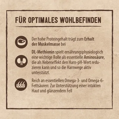 Для оптимального самочувствия: высокий уровень белка для поддержания мышц, DL-метионин поддерживает мочевыводящие пути, омега-3 и -6 жирные кислоты способствуют здоровью кожи и блестящей шерсти.