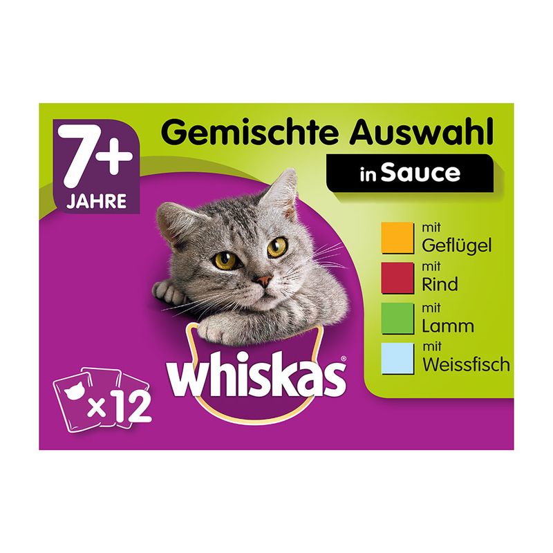 Συσκευασία Whiskas 7+ Jahre, Gemischte Auswahl in Sauce, 12 φακελάκια. mit Geflügel, mit Rind, mit Lamm, mit Weissfisch (κείμενο στα γερμανικά).