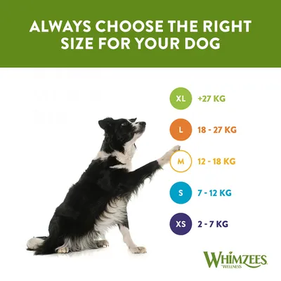 Size guide for dogs: XL over 27kg, L 18-27kg, M 12-18kg, S 7-12kg, XS 2-7kg. Text: Always choose the right size for your dog. Whimzees Wellness branding shown.
