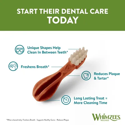 Dental treat with text: Unique shapes help clean in between teeth, freshens breath, reduces plaque and tartar, long lasting treat equals more cleaning time. Whimzees Wellness.