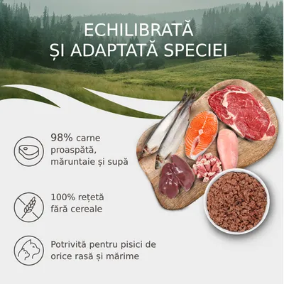 Echilibrată și adaptată speciei. 98% carne proaspătă, măruntaie și supă. 100% rețetă fără cereale. Potrivită pentru pisici de orice rasă și mărime.