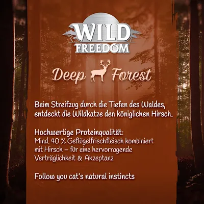 Wild Freedom Deep Forest. Sisältää 40 % tuoretta siipikarjanlihaa yhdistettynä peuraan, erinomainen siedettävyys ja hyväksyttävyys.