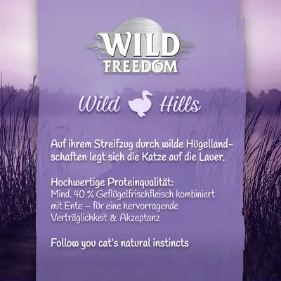 Wild Freedom Wild Hills. Mindestens 40% Geflügelfrischfleisch kombiniert mit Ente für hervorragende Verträglichkeit und Akzeptanz.