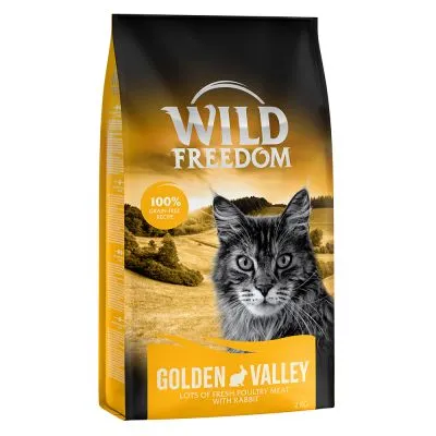 Confezione di crocchette per gatti Wild Freedom Golden Valley, 100% grain-free recipe, lots of fresh poultry meat with rabbit, peso visibile: 2 kg.