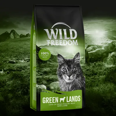 Opakowanie karmy dla kotów Wild Freedom Green Lands, 100% grain-free recipe, lots of fresh poultry meat with lamb, waga 6,5 kg. Widoczny wizerunek kota na froncie.