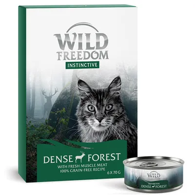 Wild Freedom Instinctive Dense Forest kattenvoer, 6 x 70 g, met afbeelding van kat en bos. Tekst: 'With fresh muscle meat, 100% grain-free recipe'. Blikje en verpakking zichtbaar.
