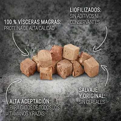 100 % vísceras magras: proteína de alta calidad. Liofilizados: sin aditivos ni conservantes. Alta aceptación: para gatos de todos los tamaños y razas. Salvaje y original: sin cereales.