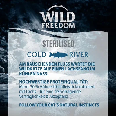 Wild Freedom, Sterilised, Cold River. Texte en allemand : 30 % de viande fraîche de poulet avec saumon. Slogan anglais : Follow your cat’s natural instincts.