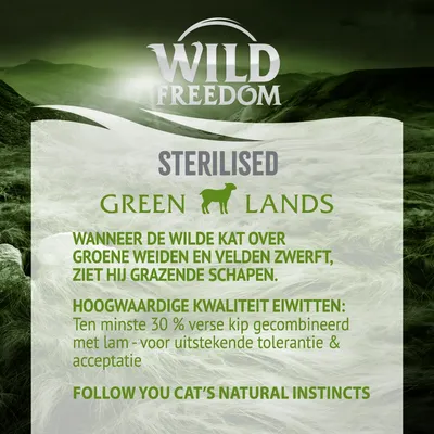 Wild Freedom Sterilised Green Lands. Hoogwaardige kwaliteit eiwitten: ten minste 30% verse kip gecombineerd met lam – voor uitstekende tolerantie & acceptatie.
