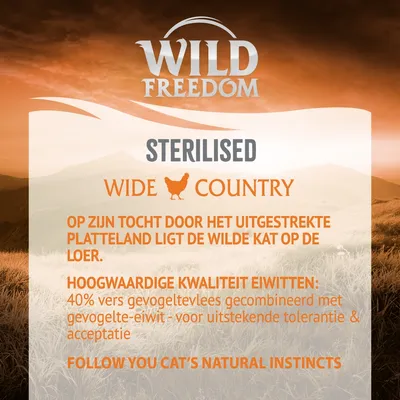 Wild Freedom Sterilised Wide Country. 40% vers gevogelte gecombineerd met gevogelte-eiwit voor uitstekende tolerantie en acceptatie. Follow your cat’s natural instincts.