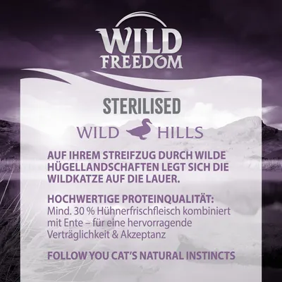 Wild Freedom Sterilised Wild Hills. Vähintään 30 % tuoretta kananlihaa yhdistettynä ankkaan, erinomainen siedettävyys ja hyväksyttävyys.