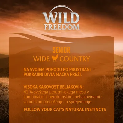 Wild Freedom Senior Wide Country. Visoka kakovost beljakovin: 41 % svežega perutninskega mesa v kombinaciji z beljakovinami. Follow your cat’s natural instincts.