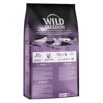 Wild Freedom kattenvoer, min. 40% vers vlees, graanvrij recept, hoogwaardige eiwitten, soortspecifiek, gemaakt in Duitsland, recyclebaar materiaal. Tekst op verpakking deels in het Engels.