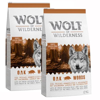 Wolf of Wilderness Oak Woods, 12 kg. 100% grain-free recipe. Lots of fresh chicken meat and wild boar with fruits of the forest, roots and wild herbs. Kaksi pakkausta näkyvissä.