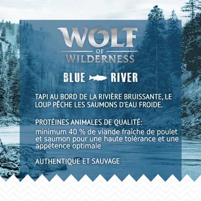 Wolf of Wilderness Blue River. Protéines animales de qualité : minimum 40 % de viande fraîche de poulet et saumon pour une haute tolérance et appétence optimale. Authentique et sauvage.