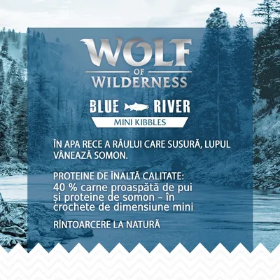 Wolf of Wilderness Blue River Mini Kibbles. 40 % carne proaspătă de pui și proteine de somon, crochete de dimensiune mini. Întoarcere la natură.