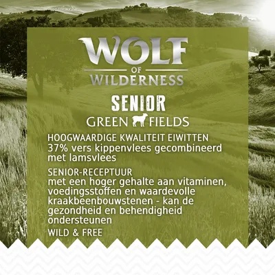 Wolf of Wilderness Senior Green Fields. 37% vers kippenvlees gecombineerd met lamsvlees. Senior-receptuur met meer vitaminen, voedingsstoffen en kraakbeenbouwstenen. Wild & Free.