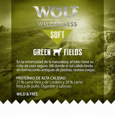 Wolf of Wilderness Soft Green Fields. Proteínas de alta calidad: 21 % carne fresca de cordero y 20 % carne fresca de pollo. Digestible y sabroso. Wild & Free.