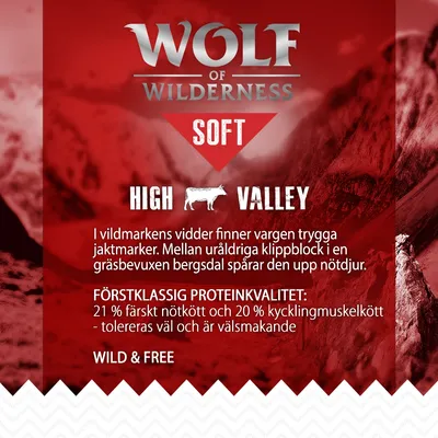 Wolf of Wilderness Soft High Valley. Förstklassig proteinkvalitet: 21 % färskt nötkött och 20 % kycklingmuskelkött – tolereras väl och är välsmakande. Wild & Free.