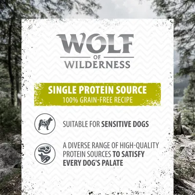 Wolf of Wilderness. SINGLE PROTEIN SOURCE, 100% GRAIN-FREE RECIPE. Suitable for sensitive dogs. A diverse range of high-quality protein sources to satisfy every dog's palate. Angol nyelvű szöveg.