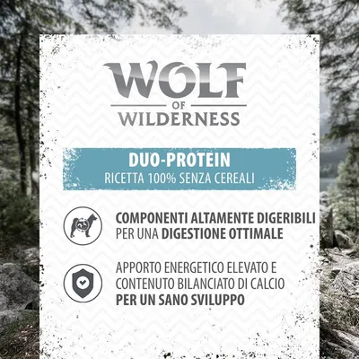 Wolf of Wilderness DUO-PROTEIN ricetta 100% senza cereali. Componenti altamente digeribili per una digestione ottimale. Apporto energetico elevato e calcio bilanciato per un sano sviluppo.