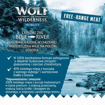 Wolf of Wilderness Mobility Explore the Blue River. W 100% bezzbożowa formuła, glukozamina i siarczan chondroityny, 40% świeżego mięsa z kurczaka z wolnego wybiegu, białko z łososia.