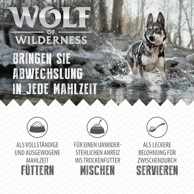Wolf of Wilderness. Bringen Sie Abwechslung in jede Mahlzeit. Als vollständige und ausgewogene Mahlzeit füttern, ins Trockenfutter mischen, als Belohnung servieren. Tekst na njemačkom.