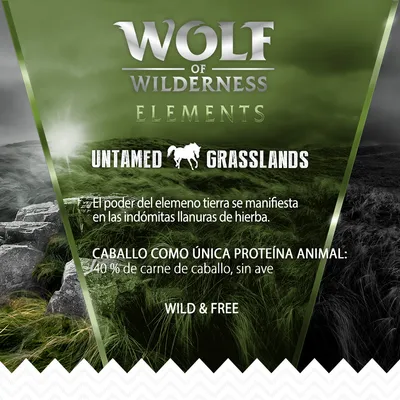 Wolf of Wilderness Elements Untamed Grasslands. Caballo como única proteína animal: 40 % de carne de caballo, sin ave. El poder del elemento tierra en llanuras de hierba. Wild & Free.