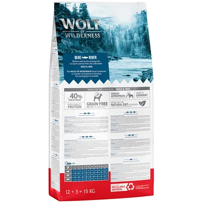 Wolf of Wilderness Blue River hundefoder, 40 % fresh meat, grain-free, high-quality protein, made in Germany, fodringsvejledningstabel, 12 + 3 = 15 kg, emballage af genanvendeligt materiale