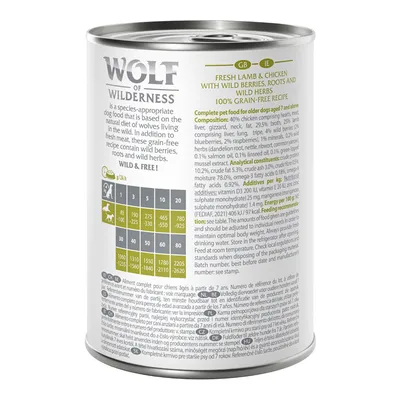 Wolf of Wilderness, puszka karmy dla psów. Widoczna tabela dawkowania wg masy ciała psa oraz analiza składu: białko 10,2 %, tłuszcz 5,3 %, wilgotność 78 %. Tekst w języku angielskim. Wolf of Wilderness, puszka karmy dla psów. Widoczna tabela dawkowania wg masy ciała psa oraz analiza składu: białko 10,2 %, tłuszcz 5,3 %, wilgotność 78 %. Tekst w języku angielskim.