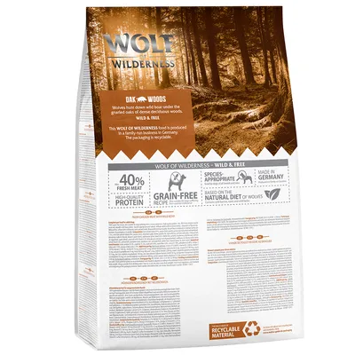 Wolf of Wilderness Oak Woods, 40 % fresh meat, high-quality protein, grain-free recipe, made in Germany, recyclable material. Tekst på engelsk: based on the natural diet of wolves.