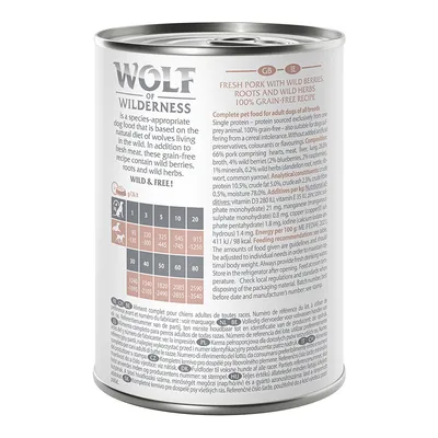 Wolf of Wilderness karma dla psów. Tabela dawkowania: 5 kg – 345 g, 10 kg – 545 g, 30 kg – 1490 g, 60 kg – 2590 g. Skład: wieprzowina 66 %, jagody 4 %, zioła 0,2 %.