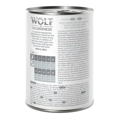 Wolf of Wilderness hondenvoer blik, voedingsadvies per hondengewicht: 5 kg – 375 g, 10 kg – 625 g, 20 kg – 1055 g, 30 kg – 1435 g, 60 kg – 2180 g. Engelse productinformatie zichtbaar.