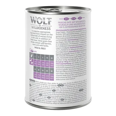 Wolf of Wilderness Nassfutterdose. Frische Ente mit Waldbeeren, Wurzeln und Wildkräutern. 100% getreidefreie Rezeptur. Fütterungstabelle für Hunde nach Gewicht sichtbar.