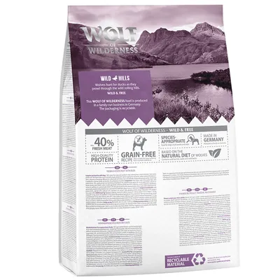 Wolf of Wilderness Wild Hills hondenvoer, 40% vers vlees, graanvrij recept, geproduceerd in Duitsland, recyclebaar materiaal. Tekst op verpakking in het Engels.