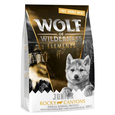 Wolf of Wilderness Elements Junior Rocky Canyons hundefoder, single animal protein, fresh free-range beef, 100 % grain-free recipe, 300 g. Tekst: Free-Range Meat.