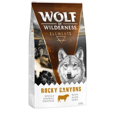 Wolf of Wilderness Elements Rocky Canyons, single animal protein con aloe vera, confezione da 12 kg. Testo visibile: 'SINGLE ANIMAL PROTEIN', 'WITH ALOE VERA'.