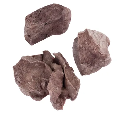 Nahaufnahme von drei Stück gefriergetrocknetem Fleisch, braune Farbe und unregelmässige Form.