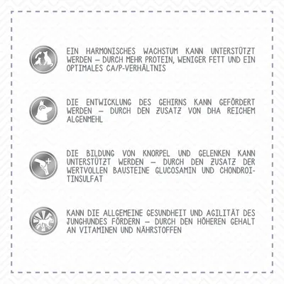 Oplysninger om støtte til vækst, hjerneudvikling, ledudvikling og sundhed hos unge hunde med protein, DHA-rigt algepulver, glucosamin, chondroitinsulfat, vitaminer.